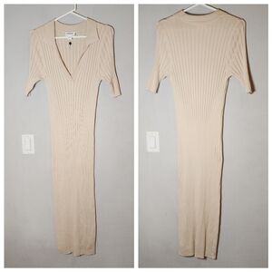 Monkl Bodycon Ribbed Collared Maxi Dress Stretchy Cream Beige Size XL